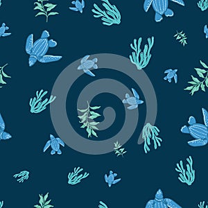 Vector seamless pattern with decorative ocean turtles coral and sea plants. isolated on a darkblue background