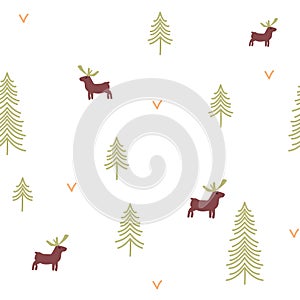 Vector seamless pattern deer in the forest.