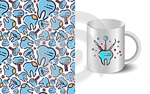 Vector seamless pattern on dental theme. Teeth and equipment for dentists. Realistic mockup of cup. Used for backgrounds, cards,