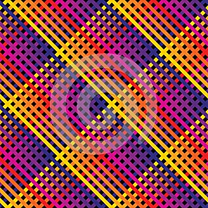 Vector seamless pattern. Diagonal cross lines in rainbow colors. 80-90`s style