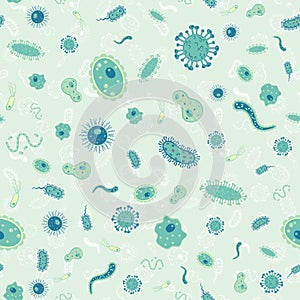 Vector seamless pattern with different bacteria, virus, cells, germs or epidemic bacillus