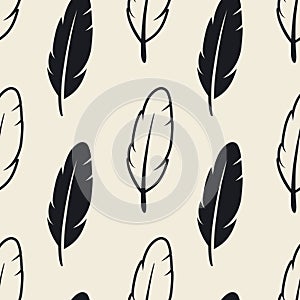 Vector Seamless Pattern with Different Black Fluffy Feather Silhouettes on White Background. Design Template of Flamingo