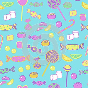 Vector seamless pattern of different candies in bright colors on a vivid blue background. Design concept