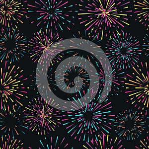 Vector seamless pattern with different colorful fireworks