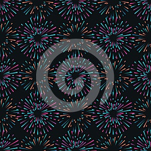 Vector seamless pattern with different colorful fireworks