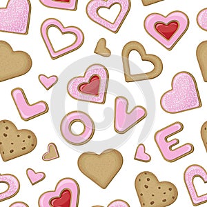 Vector seamless pattern of different cookies in the form of hearts covered with pink glaze