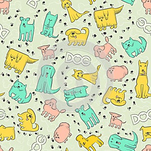 Vector seamless pattern different dog breeds. Funny caricature animals characters and footprints. Background with bones, inscripti