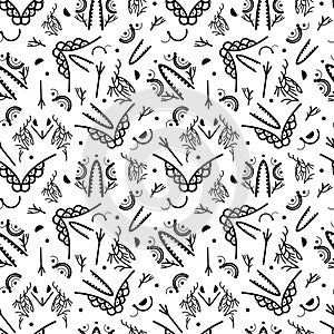 Vector seamless pattern from different drawn decorative elements, branches, nature