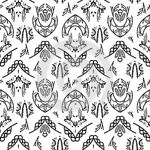 Vector seamless pattern from different drawn decorative elements, branches, nature