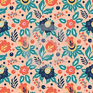 Vector seamless pattern with different flowers, leaves, berries on a pink background. pattern for printing on fabric, clothing, w