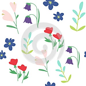 Vector seamless pattern of different flowers in sipmle style on white background