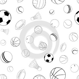 Vector seamless pattern with different Sports balls. Flat vector illustration for web design, logo, icon, app, UI