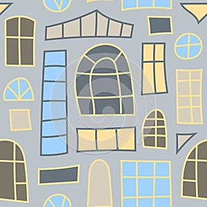 Vector Seamless pattern with different windows elements: round, rectangular, triangular shapes etc