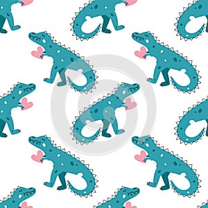 Vector seamless pattern with dinosaur and heart