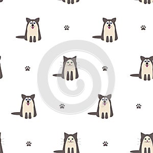 Vector seamless pattern with dog, cat and paws