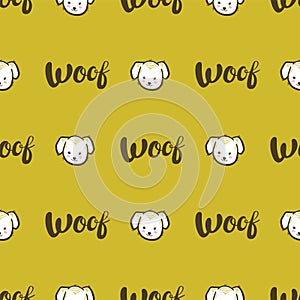 Vector seamless pattern with dogs and Woof lettering on golden-yellow background.