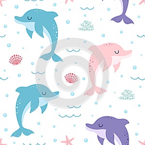 vector seamless pattern with dolphins and seaweed