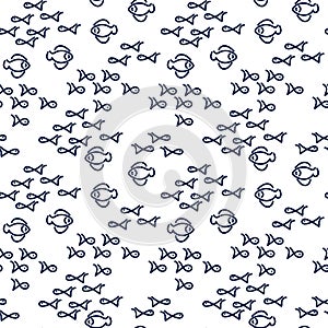 Vector seamless pattern. Doodle Cute fish swim in different directions. Outline style. For the textile, paper