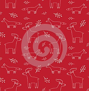 Vector seamless pattern of doodle deer and fox