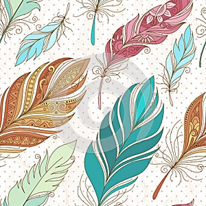 Vector Seamless Pattern with Doodle Feathers