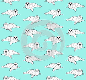 Vector seamless pattern of doodle sketch baby seal
