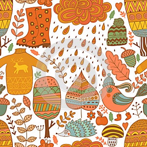 Vector seamless pattern, doodling autumn design. Hand draw trees and leafs over the city. Season of the rain