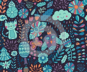 Vector seamless pattern, doodling design. Hand draw flowers and leafs. Kids illustration, cute background. Color doodle background