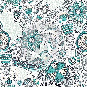 Vector seamless pattern, doodling design. Hand draw flowers and leafs. Kids illustration, cute background. Color doodle background