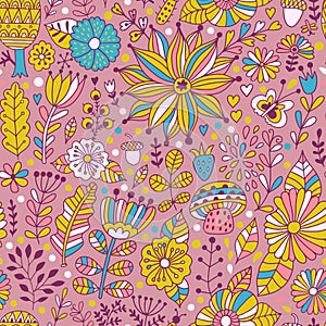 Vector seamless pattern, doodling design. Hand draw flowers and leafs. Kids illustration, cute background. Color doodle background