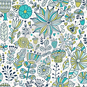 Vector seamless pattern, doodling design. Hand draw flowers and leafs. Kids illustration, cute background. Color doodle background