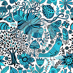 Vector seamless pattern, doodling floral design. Hand draw trees and leafs over the city. Season of the rain, illustration, cute