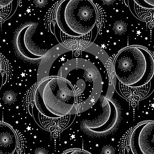 Vector seamless pattern with dotted half moon, star and ornate white lace on the black background. Design with astronomy symbols.