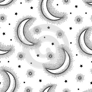 Vector seamless pattern with dotted half moon and stars in black on the white background. Design of astronomy symbols in dotwork.