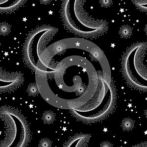 Vector seamless pattern with dotted half moon and stars in white on the black background. Design with astronomy symbol in dotwork.