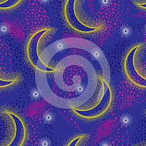 Vector seamless pattern with dotted half moon and stars in white and yellow on the blue background. Design with astronomy symbols.