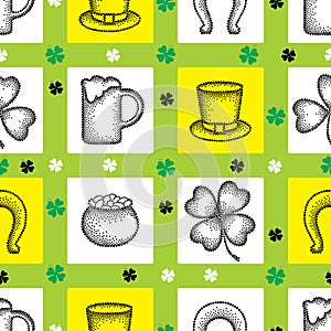 Vector seamless pattern with dotted lucky four leaf clover or shamrock, hat, beer glass, pot of coins and horseshoe.