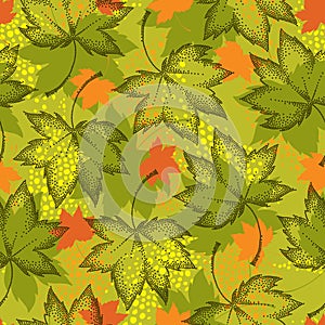 Vector seamless pattern with dotted maple leaves on the khaki background.