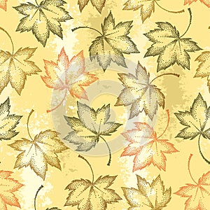 Vector seamless pattern with dotted maple leaves on the orange background. Floral autumn elements in dotwork style.