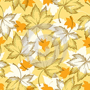 Vector seamless pattern with dotted maple leaves on the orange background