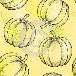 Vector seamless pattern with dotted pumpkin or gourd in black on the yellow background. Fruits elements in dotwork style.