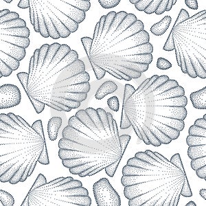 Vector seamless pattern with dotted Sea shell or Scallop in black and pebbles on the white. Marine and aquatic theme.