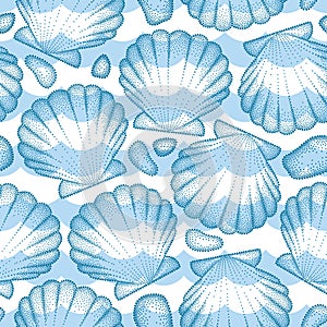 Vector seamless pattern with dotted Sea shell or Scallop in blue, pebbles and waves. Marine and aquatic theme.