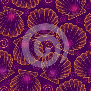 Vector seamless pattern with dotted Sea shell or Scallop in orange on the violet background with swirls. Marine theme.