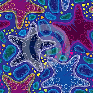 Vector seamless pattern with dotted Starfish or Sea star and pebbles in psychedelic colors on the dark blue background.