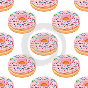 Vector seamless pattern of Doughnuts with blue, pink, green, yellow glaze and sugar icing on white background. Cartoon