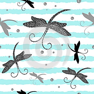 Vector Seamless Pattern with Dragonfly and glitter effect