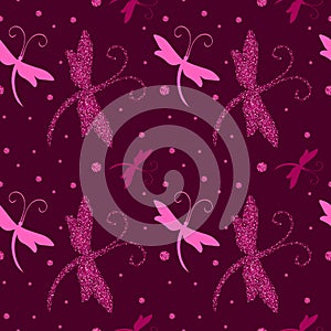 Vector Seamless Pattern with Dragonfly and glitter effect