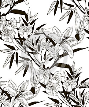 Vector Seamless Pattern with Drawn Flowers and Leaves
