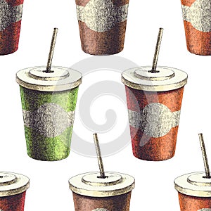 Vector seamless pattern with drink in paper cup. Hand drawn