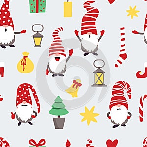 Vector seamless pattern with dwarfs and christmas elements